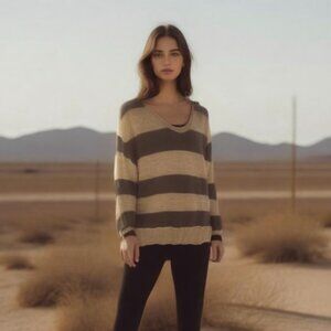 Club Monaco Mohair Blend Sweater Cream Brown Womans  M Wide Stripes Long Sleeve